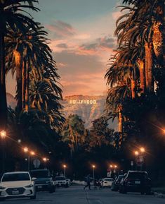 the hollywood sign is surrounded by palm trees and lights at dusk in front of mountains