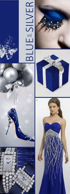 the blue and silver color scheme is perfect for this evening gown, shoes, bracelets, or necklaces