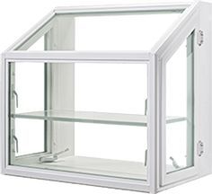 a white wall mounted cabinet with glass doors and shelves on the front, side view