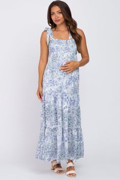 Blue Floral Smocked Tiered Maternity Maxi Dress – PinkBlush Maternity Sundress, Taylor Wedding, Maternity Maxi Dress, Smocked Dress, Wedding Board, Women's Wardrobe