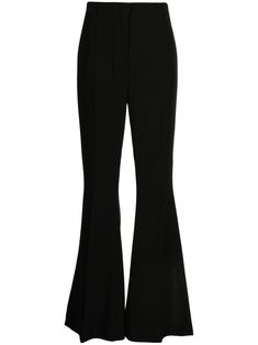 black flared high-waisted concealed front fastening belt loops pressed crease Black Flared Wide Leg Pants For Formal Occasions, Elegant Wide Leg Flare Pants With Belt Loops, Elegant Flared Wide Leg Pants With Belt Loops, Formal Flare Bottoms With Belt Loops, Formal Flare Pants With Belt Loops, Elegant Flare Pants With Belt Loops, Black Elegant Evening Flares, Elegant Black Flares For Evening, Elegant Black Evening Flares