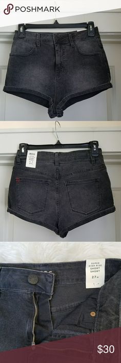 NWT BDG (Urban Outfitters) Super High Rise Shorts Super High Rise Denim Short Shorts, Dark Gray Color.   Red line through BDG logo inside. Urban Outfitters Shorts Jean Shorts Denim Short Shorts, Urban Outfitters Shorts, Dark Gray Color, Bdg Urban Outfitters, High Rise Denim Shorts, Dark Grey Color, Red Line, Denim Short, High Rise Shorts