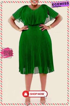 Green Casual Solid Patchwork Fold O Neck Straight Plus Size Dresses Green Non-stretch Pleated Dress, Green Shift Dress For Party, Green Pleated Knee-length Mini Dress, Green Pleated Knee-length Dress, Non-stretch Green Dress For Workwear, Name Dark, Chiffon Style, Vestido Plus Size, Chiffon Fashion