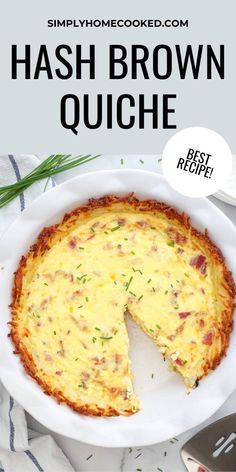 This Hash Brown Quiche is made with a crispy potato hash crust and filled with creamy cheesy eggs and smoky bacon bits. It’s the perfect breakfast dish!