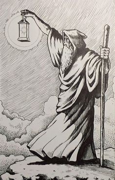 a black and white drawing of a man with a staff holding a lantern in his hand