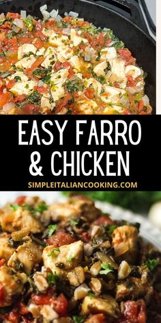 easy farro and chicken recipe in a cast iron skillet with text overlay