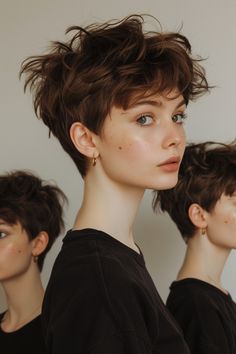 Short pixie cut for thin hair that enhances natural texture, highlighting the playful, edgy look from different perspectives. Manic Pixie Dream Girl Haircut, Teen Pixie Cut, Pixie Haircut Girl, Pixie Cut Girl, Short Hair Portrait, Hairstyle Tomboy, Very Short Haircuts For Women, Female Short Hair, Hairstyles And Colors