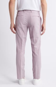 Smarten up your office ensembles with these polished pants made with classic creases. 31" inseam; 14 1/2" leg opening; 10 1/2" front rise; 16" back rise (size 34) Zip fly with button-tab closure Front slant pockets; welt coin pocket; back welt pockets Partially Lined 54% cotton, 40% virgin wool, 5% polyamide, 1% elastane Dry clean Made in Turkey Semi-formal Stretch Bottoms For Spring, Spring Semi-formal Stretch Bottoms, Formal Straight Dress Pants With Button Closure, Spring Office Dress Pants With Straight Hem, Spring Dress Pants With Straight Hem For Office, Elegant Full-length Chinos For Spring, Elegant Full Length Chinos For Spring, Spring Elegant Full-length Chinos, Tailored Business Bottoms With Button Closure