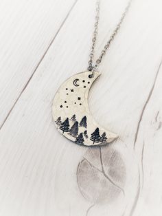 Ellie B's Creations - Crescent Moon Necklace - Silver Trees and Stars Necklace - Hand Stamped Nature Necklace - Moon and Trees Pendant Moon And Trees, Crescent Moon Necklace Silver, Stars Necklace, Moon Necklace Silver, Crescent Moon Pendant, Nature Necklace, Sparkling Stars, My Beautiful Daughter, Silver Tree