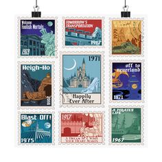 postage stamps with different types of travel and landmarks on them, including the statue of liberty