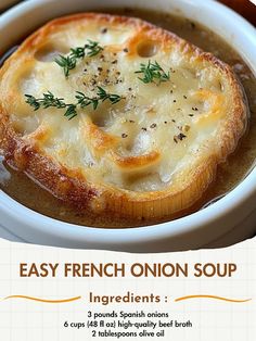 an advertisement for french onion soup in a bowl