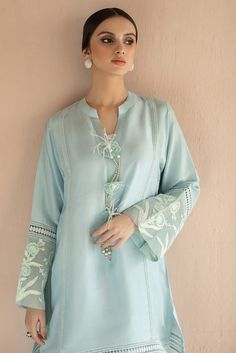 Sky Blue Salwar Kameez with Trendy Decorations Designer Pakistani Party Wear, Timeless Outfits, Kurta Designs Women, Basic Wear, Lawn Shirts, Designs For Dresses, Suit Designs, Trendy Decor, Kurta Designs