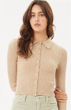 Ribbed collared long sleeve sweater top Button up detail Can be left unbuttoned and worn as a cardigan 50% Viscose 30% Polyester 20% Nylon Collared Sweater, Tree Woman, Secret Sale, Large Buttons, Cropped Sweater, Sleeve Sweater, Size 13, Long Sleeve Sweater, Sweater Top