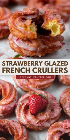 strawberry glazed french crullers are stacked on top of each other