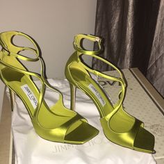 Just Beautiful! Material: Satin Color: Green/Lime Size: 39.5 (These Run Half A Size Small) Never Worn Outside. They Do Have Glue Like Stains On The Soles. Can Provide Close Up, But As You Can Tell From The Picture They Have Never Been Worn And Still Have Smooth Soles (Stickers Intact). Worn By Hailey Bieber In Jimmy Choo Ss22 Collection Jimmy Choo Green Heels, Designer Green Sandals For Party, Green Open Heel Sandals For Cocktail, Green Open Heel Sandals For Cocktail Events, Designer Green Sandals For Evening, Designer Green Evening Sandals, Designer Green Formal Sandals, Luxury Green Sandals With Single Toe Strap, Green Ankle Strap Sandals For Cocktail