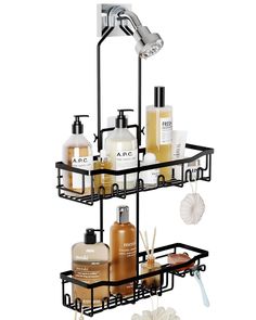 three tiered bathroom shelf with soap, lotion and shower products on it's sides