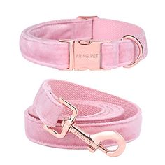 a pink dog leash and collar with metal buckles on the side, both in satin fabric