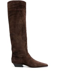 brown calf suede pointed toe slip-on style knee-high 35mm low block heel Suede Knee High Boots, Knee High Boots Flat, Boots Flat, Suede Leather Boots, Knee High Leather Boots, Low Block Heels, Leather Cap, Sneaker Heels, Browning