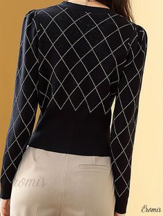 Eromis - Womens Plaid Beaded Cardigan - Sophisticated V-neck Long Sleeve Sweater for Fall & Winter, Fashionable Apparel Elegant V-neck Sweater With Button Closure For Fall, Elegant Fitted Crew Neck Cardigan, Elegant Fall V-neck Sweater With Button Closure, Elegant Stretch Cardigan For Party, Luxury Winter V-neck Cardigan, Elegant Stretch V-neck Sweater, Elegant Stretch V-neck Cardigan, Fall Argyle V-neck Top, Winter Long Sleeve Jacquard Knit Cardigan