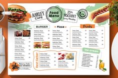 a menu for a fast food restaurant on an orange background with place settings and utensils