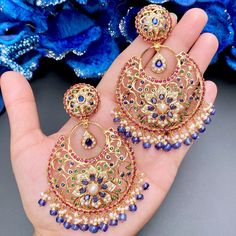 ethnic Punjabi bridal chandbali earrings Multicolor Chandbali Earrings With Intricate Design, Jeweled Chandbali Temple Jewelry, Gold Jeweled Chandbali Pearl Earrings, Jeweled Chandbalis For Festivals, Festival Chandbali Pearl Earrings With Jewels, Festival Jeweled Chandbali Pearl Earrings, Multicolor Peacock Design Chandbalis, Fusion Style Chandbalis With Pearl Drop For Festivals, Fusion Style Pearl Drop Chandbalis For Festivals