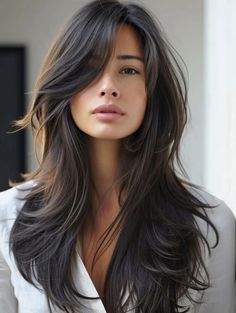 Haircut For Long Hair Side Part, Long Brunette Hair With Layers Side Part, Side Part And Curtain Bangs, Long Layer Side Part, Asian Bangs Long Hair Straight, Long Hair Cuts Side Part Layers, Long Hair Curtain Bangs Side Part, Women’s Long Layered Haircuts, Long Thick Layered Hair With Bangs