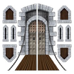 an open door with chains hanging from it's sides and two doors on the other side