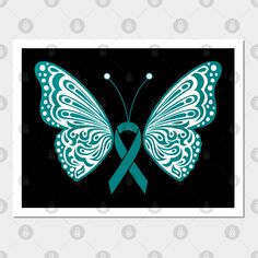 a blue butterfly with a green ribbon on it's wings is featured in this image