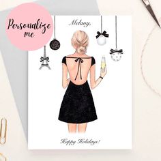 a card with the back of a woman wearing a black dress and holding a glass of champagne