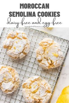 lemon muffins on a cooling rack with text overlay that reads moroccan semollina cookies dairy free and egg free