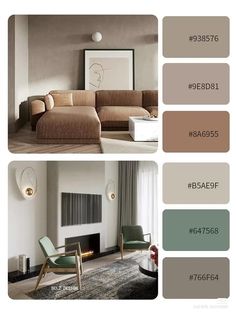 a living room color scheme with neutrals, browns and greens in shades of brown