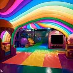 a brightly lit room with rainbow colored walls