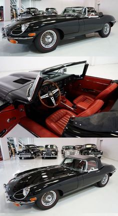 two pictures of an old car with red leather seats and the same one in different views