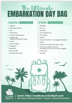 the ultimate embaritation day bag for kids is shown in green and white with palm trees