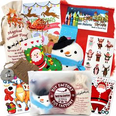 various christmas cards and stickers are shown in this image, including a snowman