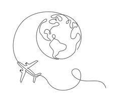 an airplane flying around the earth in one continuous line on a white background stock illustration