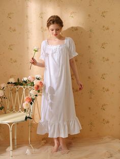 Elegant Cotton Sleepwear With Ruffles, Feminine Cotton Sleepwear For Wedding Night, Cotton Cottagecore Nightgown For Sleep, Cottagecore Cotton Nightgown For Sleep, Feminine Cotton Dresses For Wedding Night, Feminine Cotton Nightgown For Wedding Night, Cotton Nightgown In Cottagecore Style, Cotton Nightgown With Lace Trim For Wedding Night, Cotton Cottagecore Dress For Bedtime