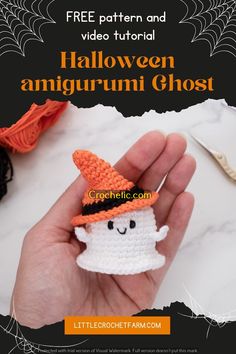 a hand holding a crocheted ghost with text overlay that reads free pattern and video tutor halloween amigurmi ghost