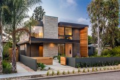 a modern house with lots of trees and plants