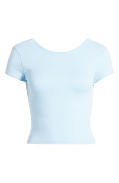 A breathable cotton knit T-shirt goes from everyday to party-ready with its unexpected open back framed by short sleeves. Crewneck Short sleeves 95% cotton, 5% spandex Machine wash, dry flat Imported Light Blue T Shirt Outfit, Baby Blue Shirts, Light Blue Short Sleeve Tops, Cute Light Blue T-shirt For Summer, Cute Light Blue T-shirt, Cute Fitted Light Blue T-shirt, Light Blue Clothes, Blue Shirt Girl, Shuffle Outfit