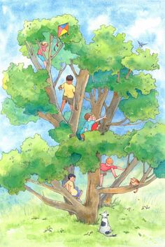 children are playing in the tree with their dog