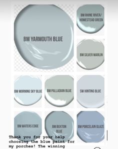 some blue and white paint colors with the words bm yarmouth blue on them