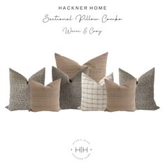 six pillows in different colors and sizes with the text hacker home international pillow company women & boys