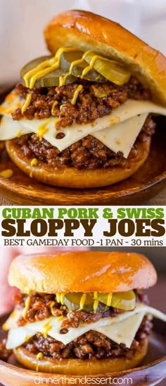 an image of sloppy joes sandwich with cheese and meat in it on a plate