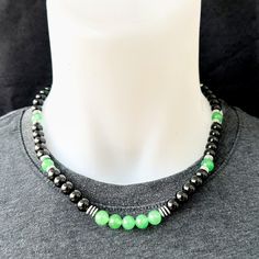 ► ► If you are looking for a healing Jade necklace, this product is for you! ► Size and details: ► ► Necklace Designed with stainless steel rope. Not parachute rope or fishing rod! It is extra durable and AAA quality. ► ► The necklace is designed with 8mm black Onyx stones, 8mm green jade stones and 6mm silver Hematite stones. ► ► ► Closing Type; Silver Closure Buckle ► ►The necklace has an adjustable chain. Extra chains will be added to purchased Orders. ► If you want a different design necklac Black Polished Beads Necklace For Healing, Hematite Bead Necklaces As Gifts, Hematite Bead Necklace As A Gift, Black Crystal Necklace For Healing, Gift Hematite Necklace With Black Beads, Hematite Necklace With Black Beads As Gift, Unique Mens Necklace, Green Jade Necklace, Beaded Items