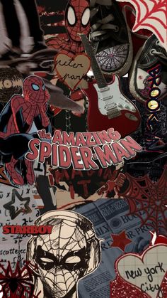 many different stickers and decals are on display in this image, including spiderman