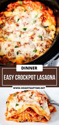 an easy crockpot lasagna recipe in the slow cooker is ready to be eaten