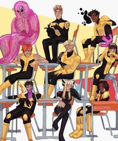 a group of people sitting on top of chairs in yellow and black outfits with pink hair