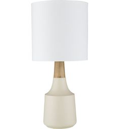 a white table lamp with a wooden base and a white shade on the top of it