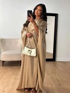 Satin Butterfly Abaya Arab Outfits For Women, Elegant Gold Maxi Length Abaya, Evening Solid Maxi Length Abaya, Evening Solid Color Maxi Length Abaya, Evening Maxi Length Solid Abaya, Elegant Gold Maxi Dress For Eid, Elegant Long Maxi Dress For Eid, Elegant Long Sleeve Solid Color Kaftan, Elegant Gold Floor-length Thobe